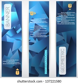 Set of three vertical banners. Polygonal vector background with elements of infographics.