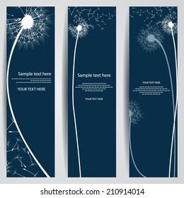 set of three vertical banners with silhouettes of dandelions on a dark blue background