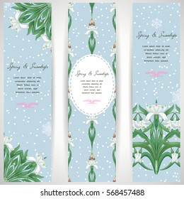 Set of three vertical banners. Snowdrop flowers and snow flakes foreground. 