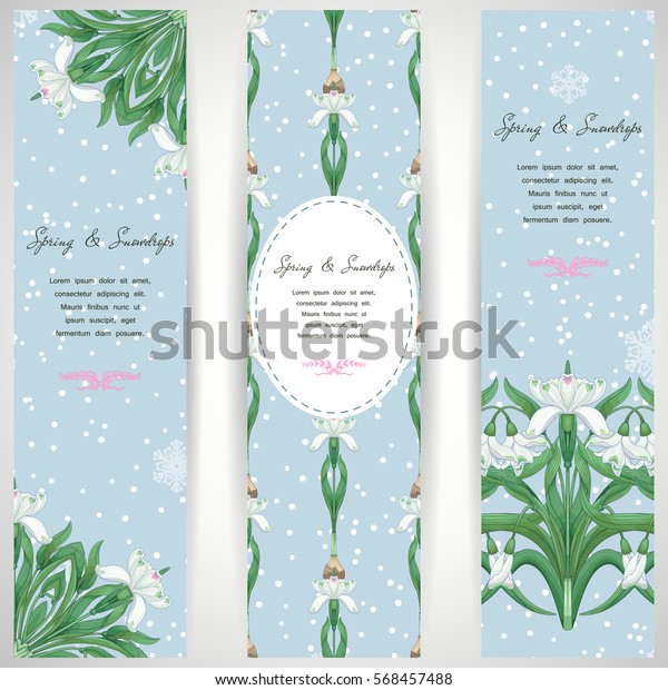 Set of three vertical banners. Snowdrop\
flowers and snow flakes foreground.\
