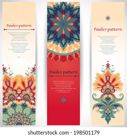 Set of three vertical banners.Beautiful floral pattern in oriental style. Simple delicate ornament. Place for your text.   