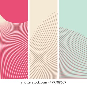 set of three vertical bookmarks with graphic spread of straight lines in pink and blue shades