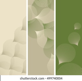 set of three vertical bookmarks with graphic petals patterns in green and ivory shades