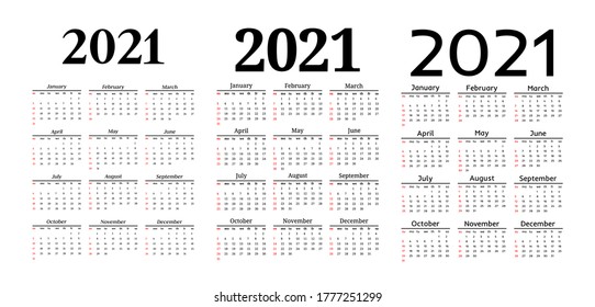 Set of three vertical calendars for 2021 isolated on a white background. Sunday to Monday, business template. Vector illustration