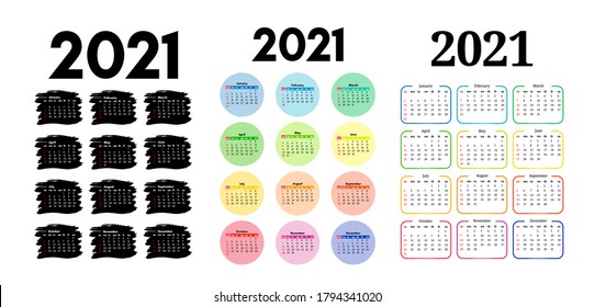 Set of three vertical calendars for 2021 isolated on a white background. Sunday to Monday, business template. Vector illustration