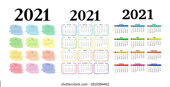 Set of three vertical calendars for 2021 isolated on a white background. Sunday to Monday, business template. Vector illustration