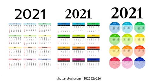 Set of three vertical calendars for 2021 isolated on a white background. Sunday to Monday, business template. Vector illustration
