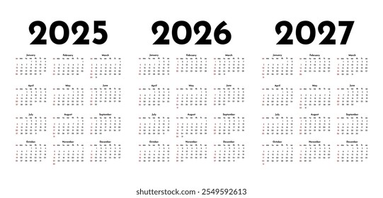Set of three vertical calendars for 2025, 2026 and 2027 isolated on a white background. Sunday to Monday, business template. Vector illustration