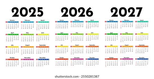 Conjunto de três calendários verticais para 2025, 2026 e 2027 isolados sobre um fundo branco. De domingo a segunda-feira, modelo de negócios. Ilustração vetorial