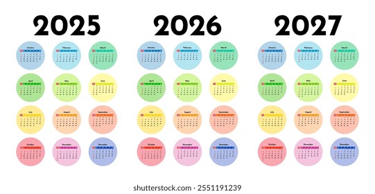 Conjunto de tres calendarios de Vertical para 2025, 2026 y 2027 aislados sobre un fondo blanco. De domingo a lunes, Plantilla de negocios. Ilustración vectorial