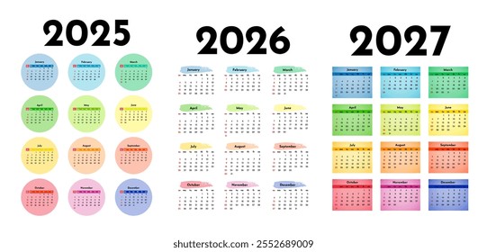 Set of three vertical calendars for 2025, 2026 and 2027 isolated on a white background. Sunday to Monday, business template. Vector illustration