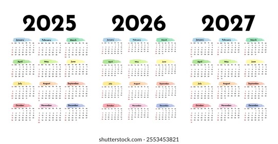 Set of three vertical calendars for 2025, 2026 and 2027 isolated on a white background. Sunday to Monday, business template. Vector illustration