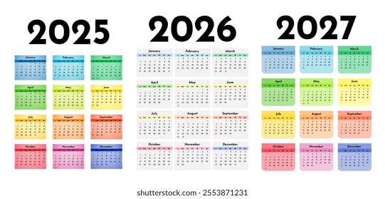 Set of three vertical calendars for 2025, 2026 and 2027 isolated on a white background. Sunday to Monday, business template. Vector illustration