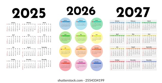 Set of three vertical calendars for 2025, 2026 and 2027 isolated on a white background. Sunday to Monday, business template. Vector illustration