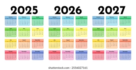 Set of three vertical calendars for 2025, 2026 and 2027 isolated on a white background. Sunday to Monday, business template. Vector illustration