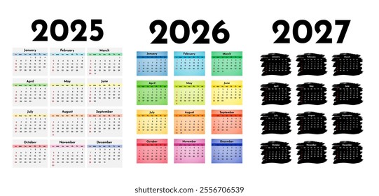 Set of three vertical calendars for 2025, 2026 and 2027 isolated on a white background. Sunday to Monday, business template. Vector illustration
