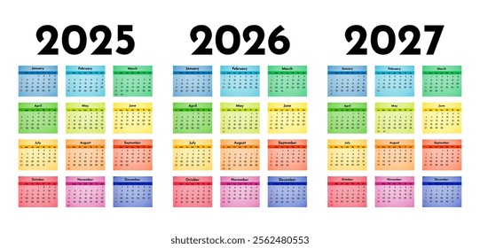 Set of three vertical calendars for 2025, 2026 and 2027 isolated on a white background. Sunday to Monday, business template. Vector illustration