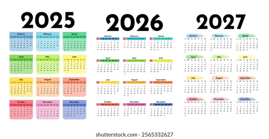 Set of three vertical calendars for 2025, 2026 and 2027 isolated on a white background. Sunday to Monday, business template. Vector illustration