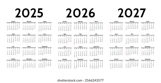 Set of three vertical calendars for 2025, 2026 and 2027 isolated on a white background. Sunday to Monday, business template. Vector illustration