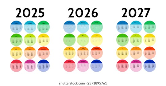 Set of three vertical calendars for 2025, 2026 and 2027 isolated on a white background. Sunday to Monday, business template. Vector illustration