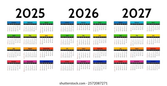 Set of three vertical calendars for 2025, 2026 and 2027 isolated on a white background. Sunday to Monday, business template. Vector illustration