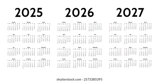 Set of three vertical calendars for 2025, 2026 and 2027 isolated on a white background. Sunday to Monday, business template. Vector illustration