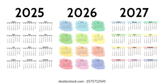 Set of three vertical calendars for 2025, 2026 and 2027 isolated on a white background. Sunday to Monday, business template. Vector illustration