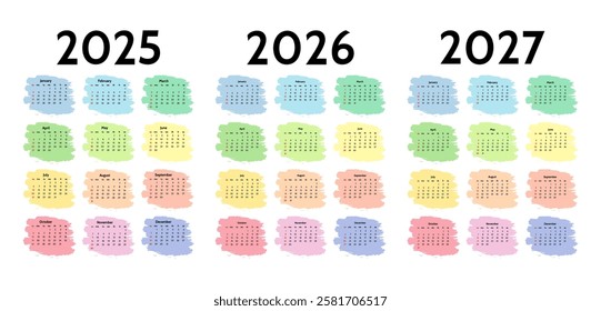 Set of three vertical calendars for 2025, 2026 and 2027 isolated on a white background. Sunday to Monday, business template. Vector illustration