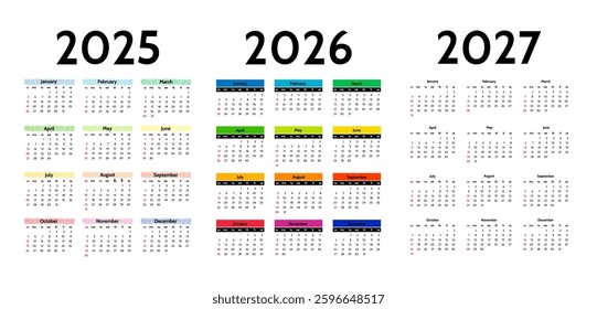 Set of three vertical calendars for 2025, 2026 and 2027 isolated on a white background. Sunday to Monday, business template. Vector illustration