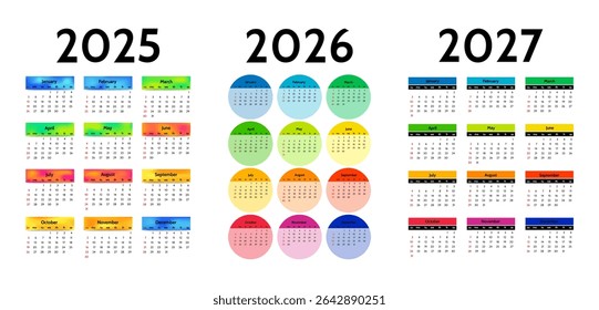 Conjunto de três calendários verticais para 2025, 2026 e 2027 isolados sobre um fundo branco. De domingo a segunda-feira, modelo de negócios. Ilustração vetorial