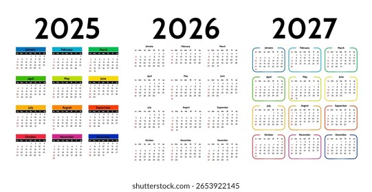 Conjunto de três calendários verticais para 2025, 2026 e 2027 isolados sobre um fundo branco. De domingo a segunda-feira, modelo de negócios. Ilustração vetorial