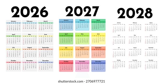Conjunto de tres calendarios de Vertical para 2026, 2027 y 2028 aislados sobre un fondo blanco. De domingo a lunes, Plantilla de negocios. Ilustración vectorial