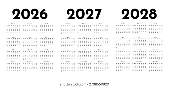 Conjunto de tres calendarios de Vertical para 2026, 2027 y 2028 aislados sobre un fondo blanco. De domingo a lunes, Plantilla de negocios. Ilustración vectorial