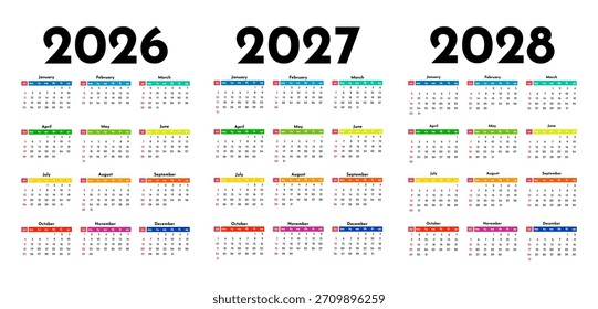 Conjunto de tres calendarios de Vertical para 2026, 2027 y 2028 aislados sobre un fondo blanco. De domingo a lunes, Plantilla de negocios. Ilustración vectorial