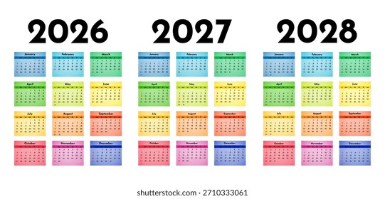 Conjunto de tres calendarios de Vertical para 2026, 2027 y 2028 aislados sobre un fondo blanco. De domingo a lunes, Plantilla de negocios. Ilustración vectorial