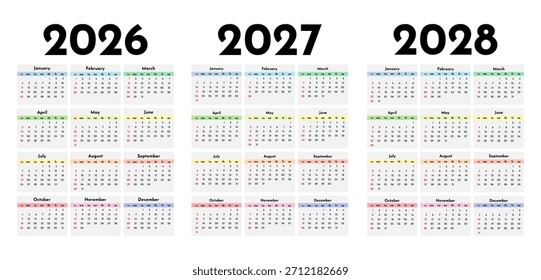 Conjunto de tres calendarios de Vertical para 2026, 2027 y 2028 aislados sobre un fondo blanco. De domingo a lunes, Plantilla de negocios. Ilustración vectorial