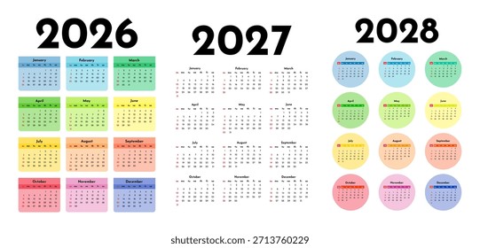Conjunto de tres calendarios de Vertical para 2026, 2027 y 2028 aislados sobre un fondo blanco. De domingo a lunes, Plantilla de negocios. Ilustración vectorial