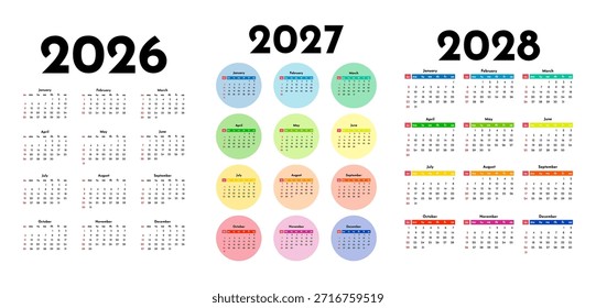Conjunto de tres calendarios de Vertical para 2026, 2027 y 2028 aislados sobre un fondo blanco. De domingo a lunes, Plantilla de negocios. Ilustración vectorial