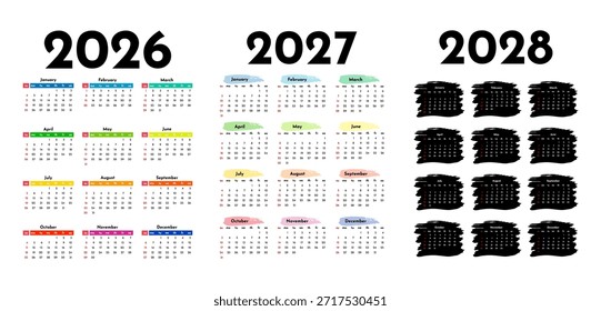 Conjunto de três calendários verticais para 2026, 2027 e 2028 isolados sobre um fundo branco. De domingo a segunda-feira, modelo de negócios. Ilustração vetorial