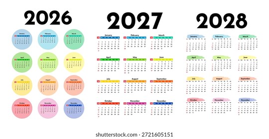 Conjunto de tres calendarios de Vertical para 2026, 2027 y 2028 aislados sobre un fondo blanco. De domingo a lunes, Plantilla de negocios. Ilustración vectorial
