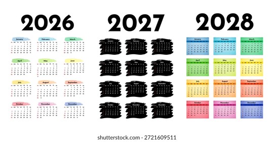 Conjunto de tres calendarios de Vertical para 2026, 2027 y 2028 aislados sobre un fondo blanco. De domingo a lunes, Plantilla de negocios. Ilustración vectorial