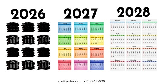Set of three vertical calendars for 2026, 2027 and 2028 isolated on a white background. Sunday to Monday, business template. Vector illustration