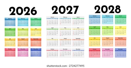 Conjunto de tres calendarios de Vertical para 2026, 2027 y 2028 aislados sobre un fondo blanco. De domingo a lunes, Plantilla de negocios. Ilustración vectorial