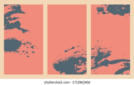Set of three vertical cards with ink blots on white background for your design. Vector pink and gray-blue texture. Vector illustration. Background for social network, postcard, banner, logo, card