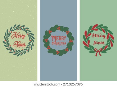 Conjunto de tres Navidades de Vertical Ilustraciones de corona de flores Feliz Navidad Festiva Saludos con Holly Berries Fondos verdes para historias de redes sociales