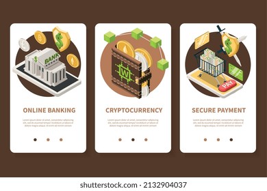 Set of three vertical fintech isometric app design banners with page switch buttons text and images vector illustration