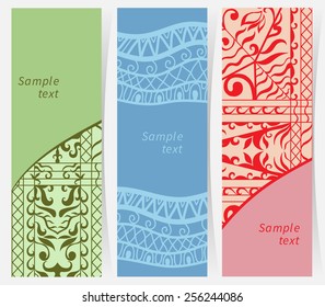 Set of three vertical geometric banners or bookmarks. Abstract decorative ethnic ornamental backgrounds, border lace patterns set. Series of image template frame