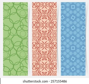 Set of three vertical geometric banners or bookmarks. Abstract decorative ethnic ornamental backgrounds, border lace patterns set. Series of image template frame