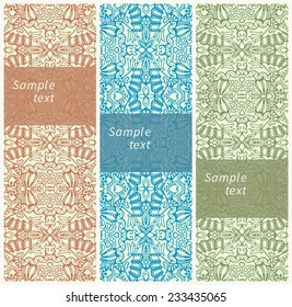 Set of three vertical graphic banners or bookmarks. Abstract decorative ethnic ornamental backgrounds, border lace patterns set. Series of image template frame design for card, vector illustration