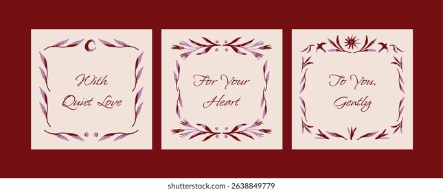 Set of three vertical greeting card templates with floral and botanical hand drawn borders. Autumn color palette. Illustration for postcards, prints, invitations, banners. Vector illustration.